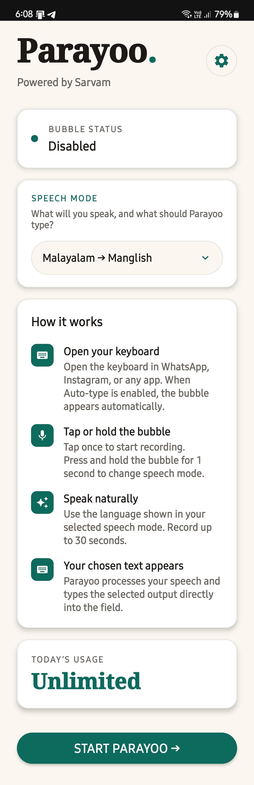 Parayoo home screen showing speech mode and how it works
