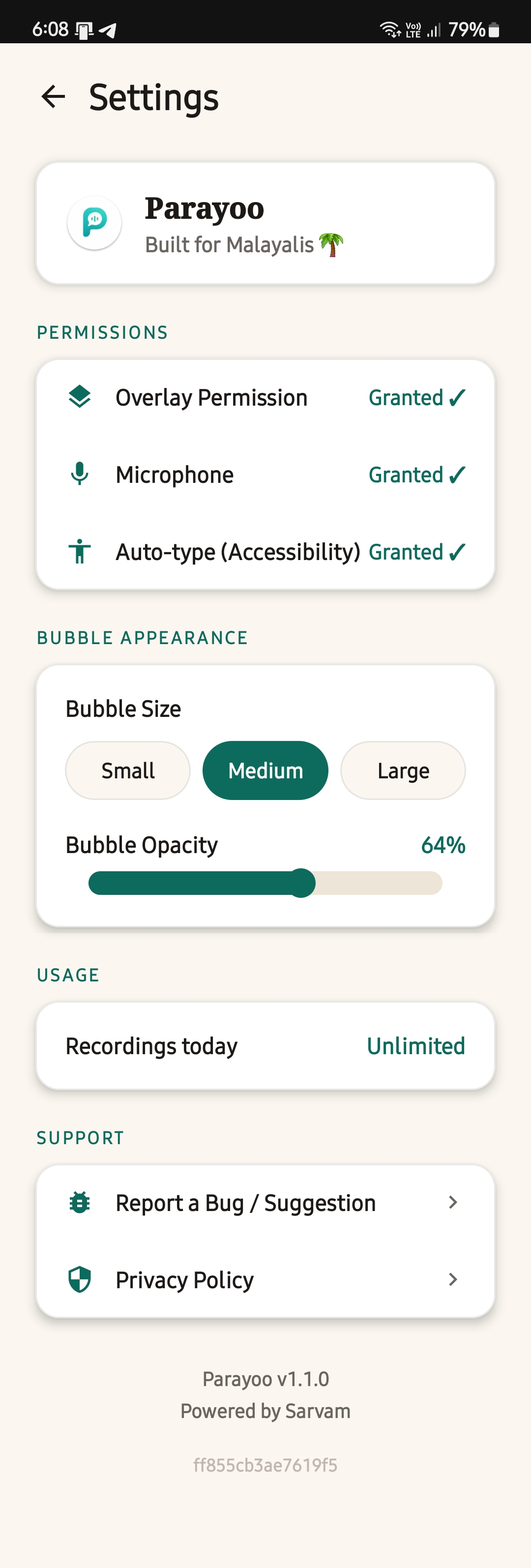 Parayoo settings showing permissions and bubble appearance