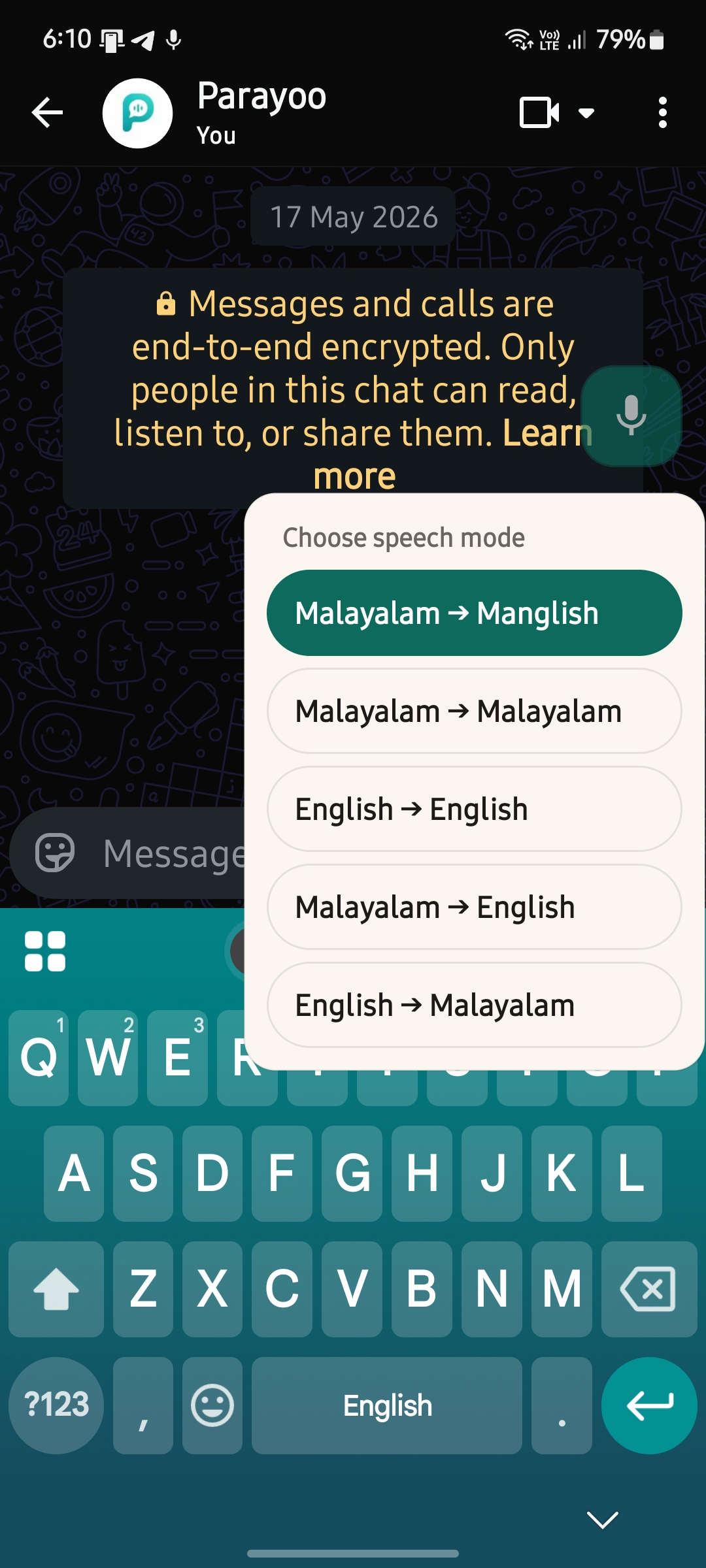 Parayoo speech mode selector over WhatsApp